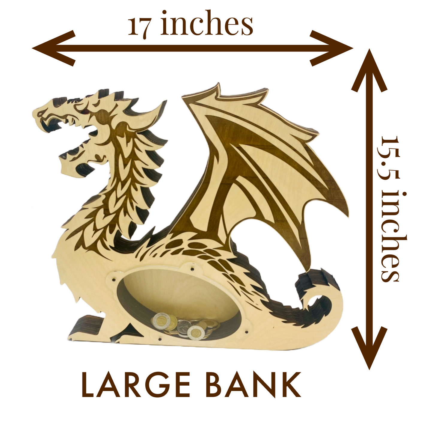 Laser Cutting Files to create a dragon piggy bank. Include two sizes of banks. Compatible with Glowforge and other lasers