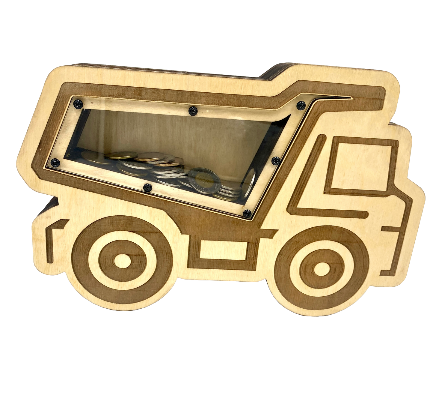 Digital SVG, DXF and AI files to Make Laser cut Truck Piggy Bank Vector file—kid's fun laser projects.