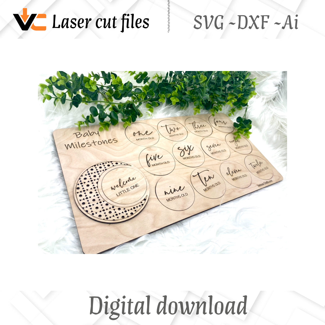 Digital SVG AI DXF Files Laser Engraving Rattan Moon Milestones Set with wooden case. Baby shower gifts for expectant mothers