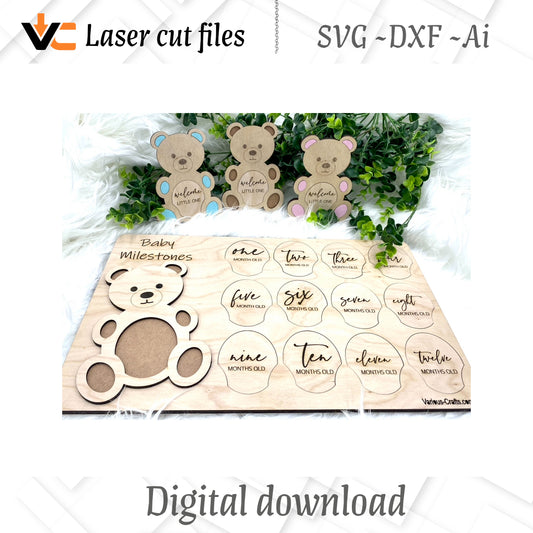 Digital SVG AI DXF Files Laser Engraving Teddy Bear Milestones Set with wooden case. Baby shower gifts for expectant mothers