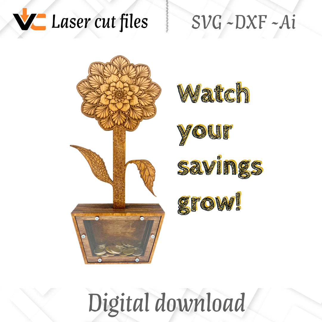 Flower Piggy Bank - Digital Laser-Cut Engraving Design with Commercial License