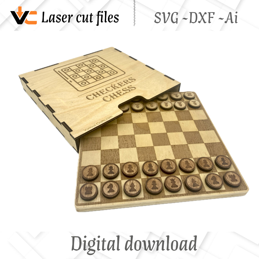 Digital SVG, DXF and Ai Files to Make Combo Chess and Checkers Game Board Laser Cutting Bonus Case & Sleeve