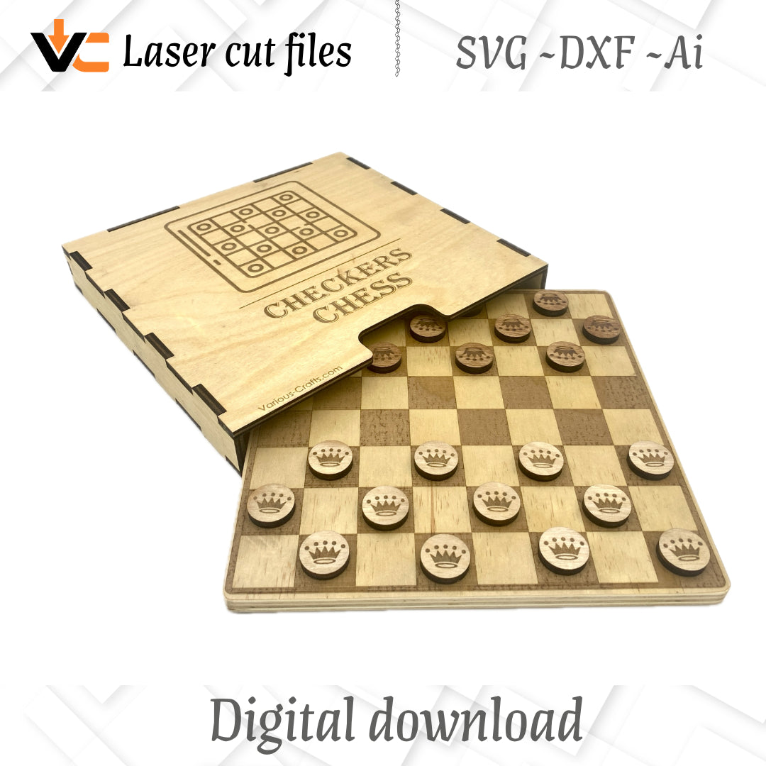 Digital SVG, DXF and Ai Files to Make Combo Chess and Checkers Game Board Laser Cutting Bonus Case & Sleeve