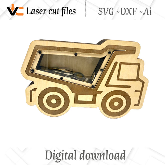 Digital SVG, DXF and AI files to Make Laser cut Truck Piggy Bank Vector file—kid's fun laser projects.