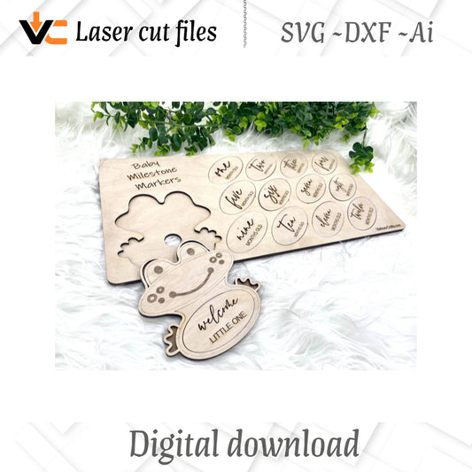 Digital SVG AI DXF Files Laser Engraving Frog Milestones Set with wooden case. Baby shower gifts for expectant mothers