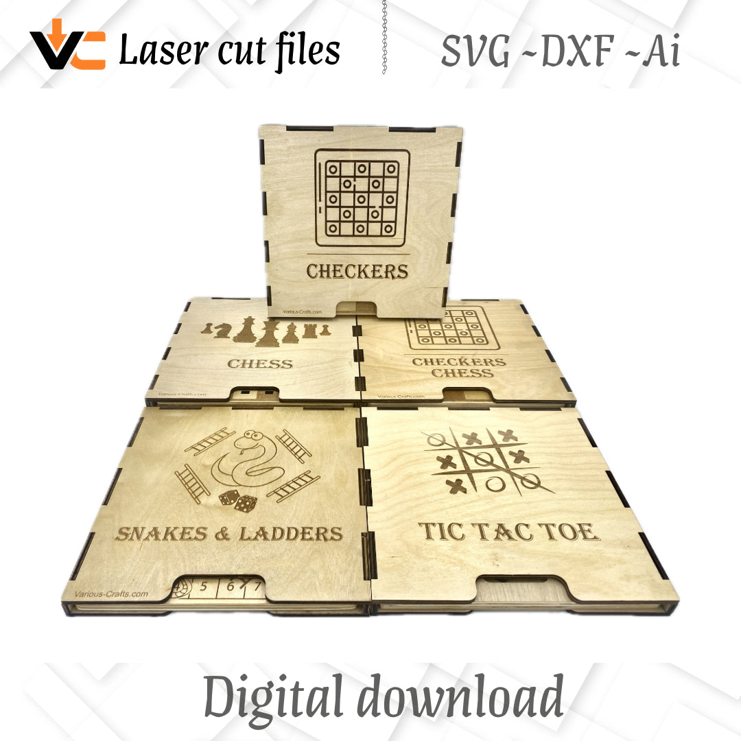 Digital Laser Cutting Files to Make Wooden Game Boards Snakes-Ladders Tic Tac Toe Checkers and Chess Bonus Case- Sleeve!