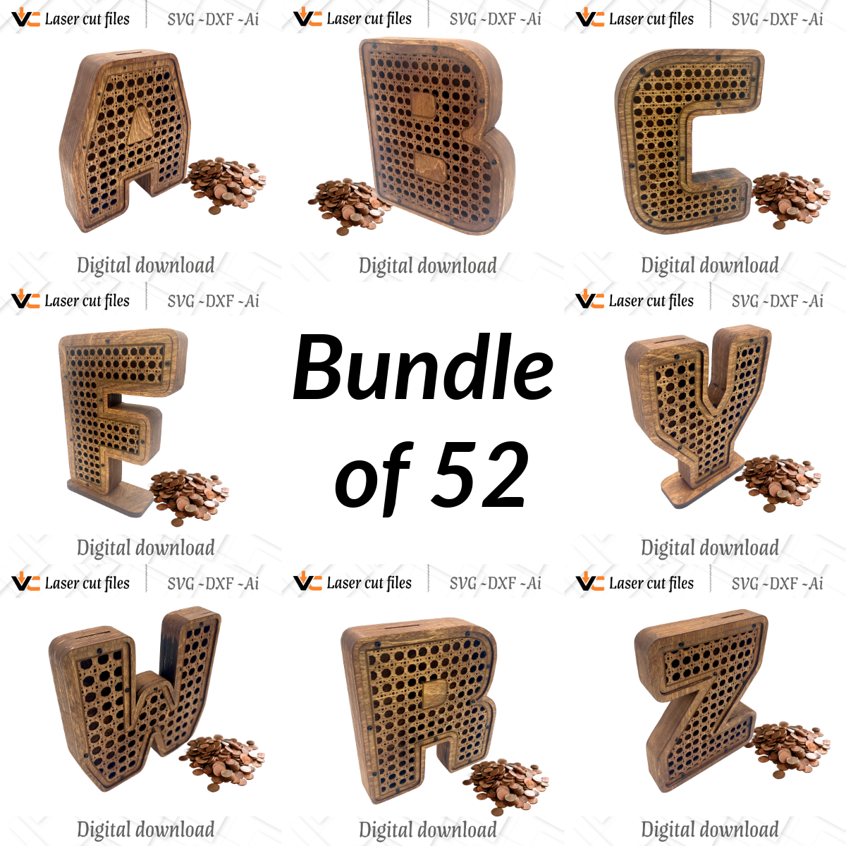 Rattan Letter "A to Z" Piggy Bank Bundle | 12" & 8" Sizes 52 Files| Laser Cut Formats SVG, AI, DXF