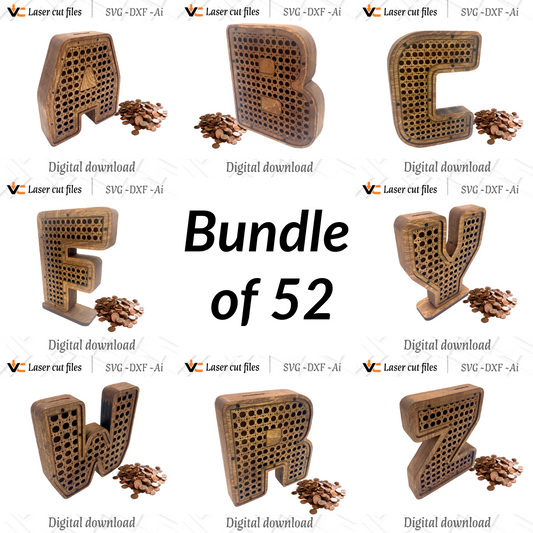 Rattan Letter "A to Z" Piggy Bank Bundle | 12" & 8" Sizes 52 Files| Laser Cut Formats SVG, AI, DXF