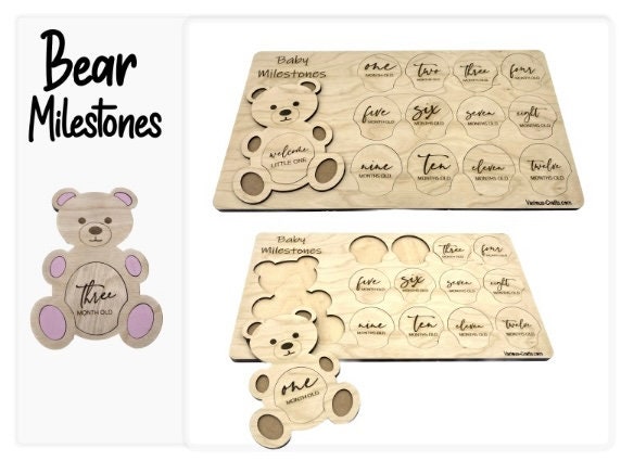 Digital SVG AI DXF Files Laser Engraving Teddy Bear Milestones Set with wooden case. Baby shower gifts for expectant mothers